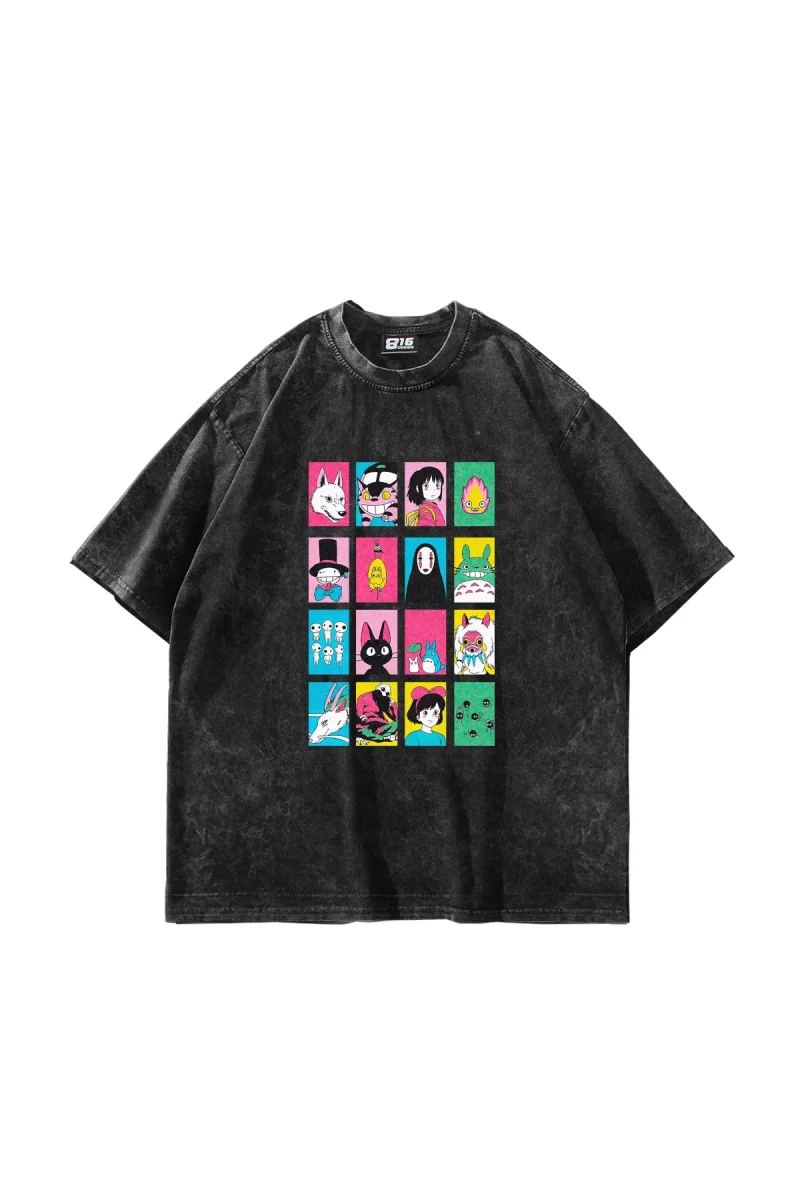Ghibli Baskılı Oversize Unisex Yıkamalı Siyah Tshirt