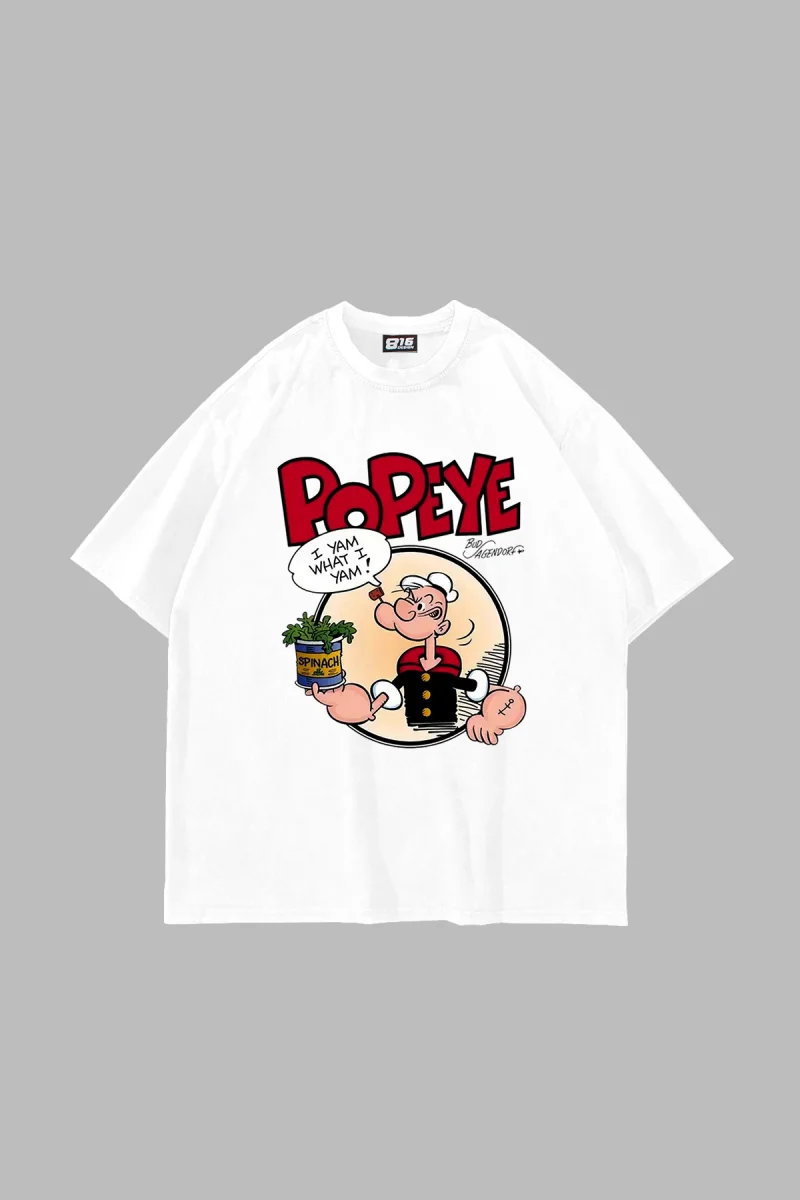 Popeye Baskılı Oversize Unisex Beyaz Tshirt