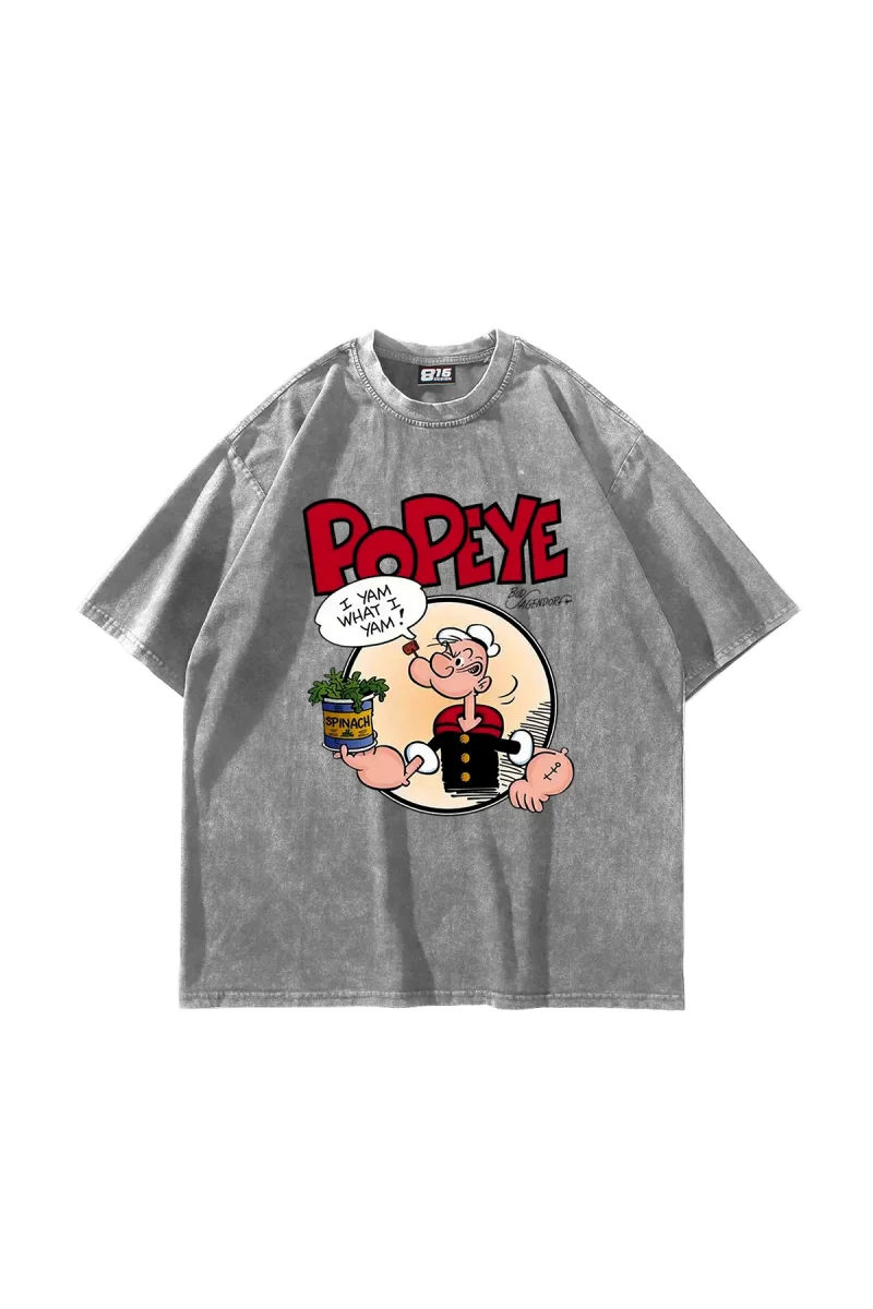 Popeye Baskılı Oversize Unisex Yıkamalı Beyaz Tshirt