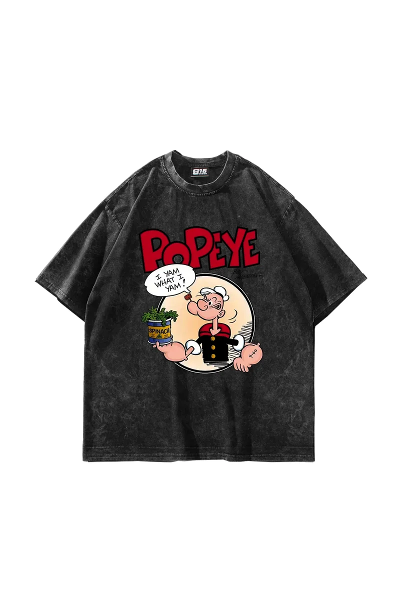 Popeye Baskılı Oversize Unisex Yıkamalı Siyah Tshirt