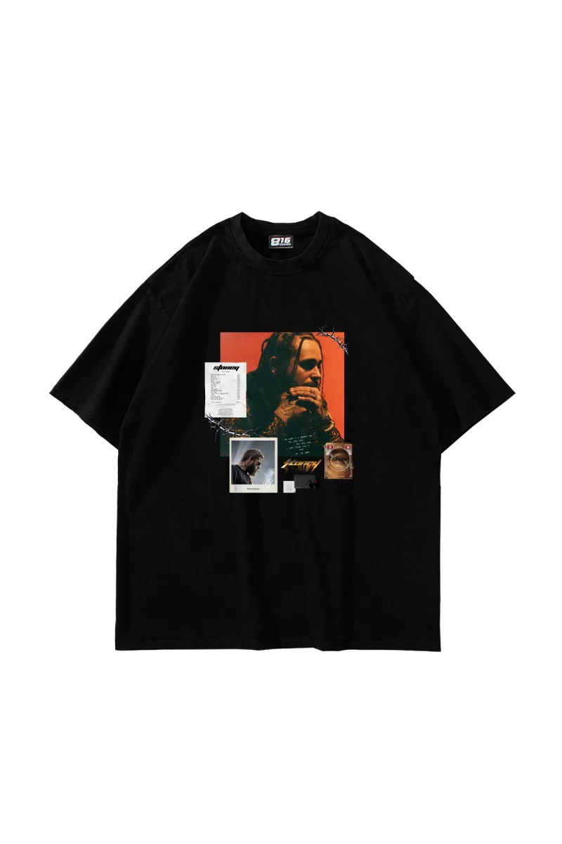Post Malone Baskılı Oversize Unisex Siyah Tshirt