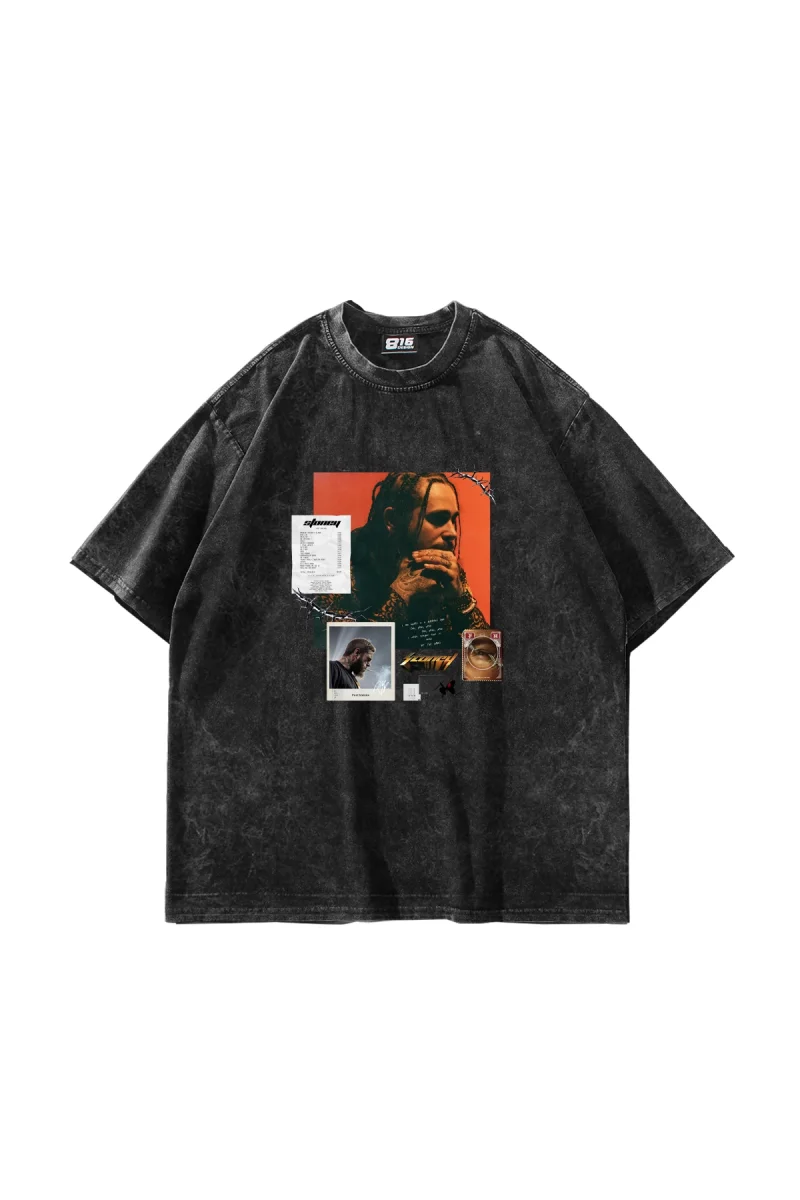 Post Malone Baskılı Oversize Unisex Yıkamalı Siyah Tshirt
