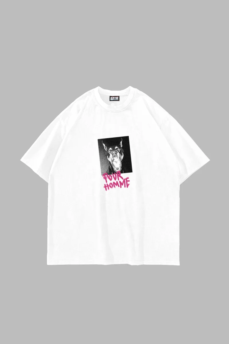 Pour Homme Baskılı 24/1 Oversize Unisex Beyaz Tshirt