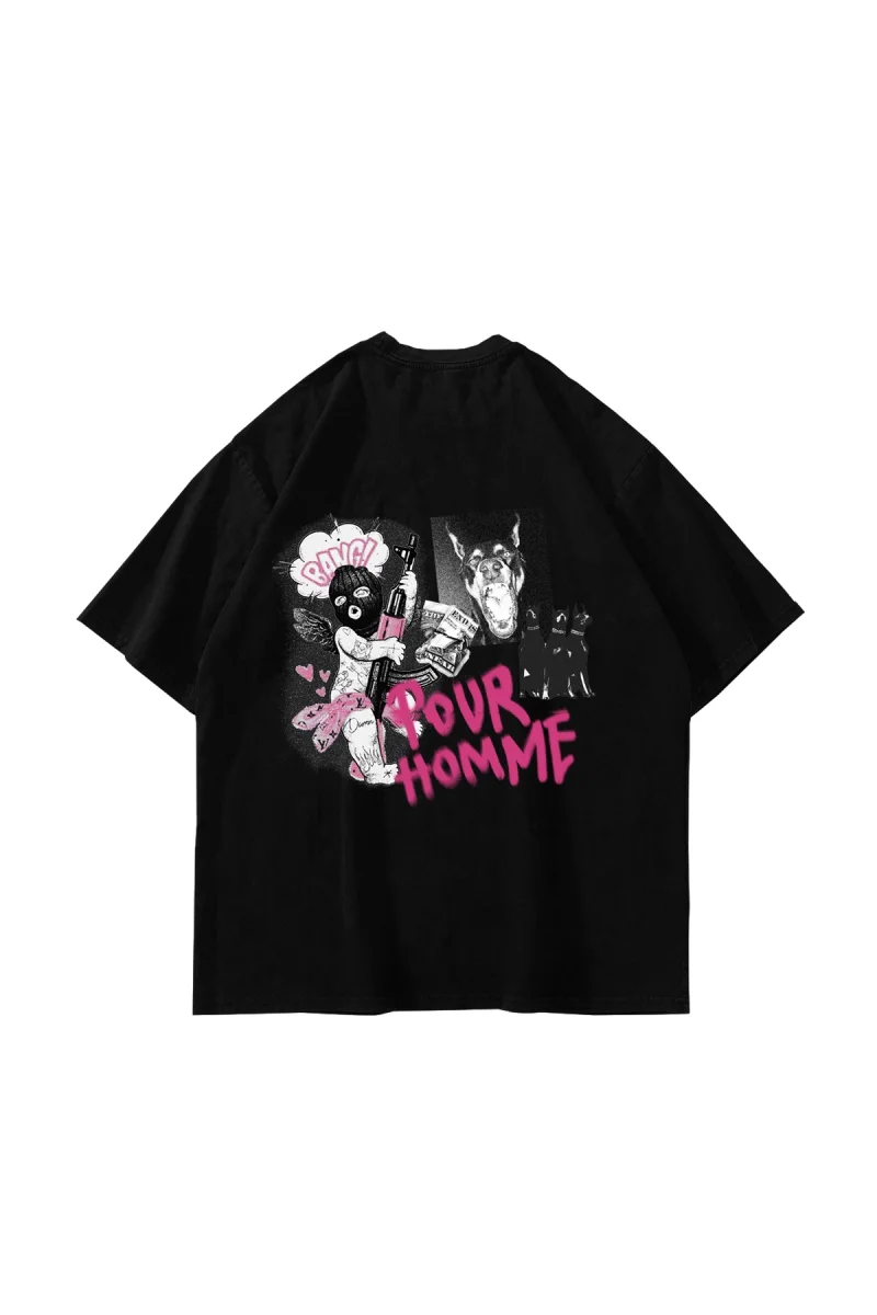 Pour Homme Baskılı 24/1 Oversize Unisex Siyah Tshirt