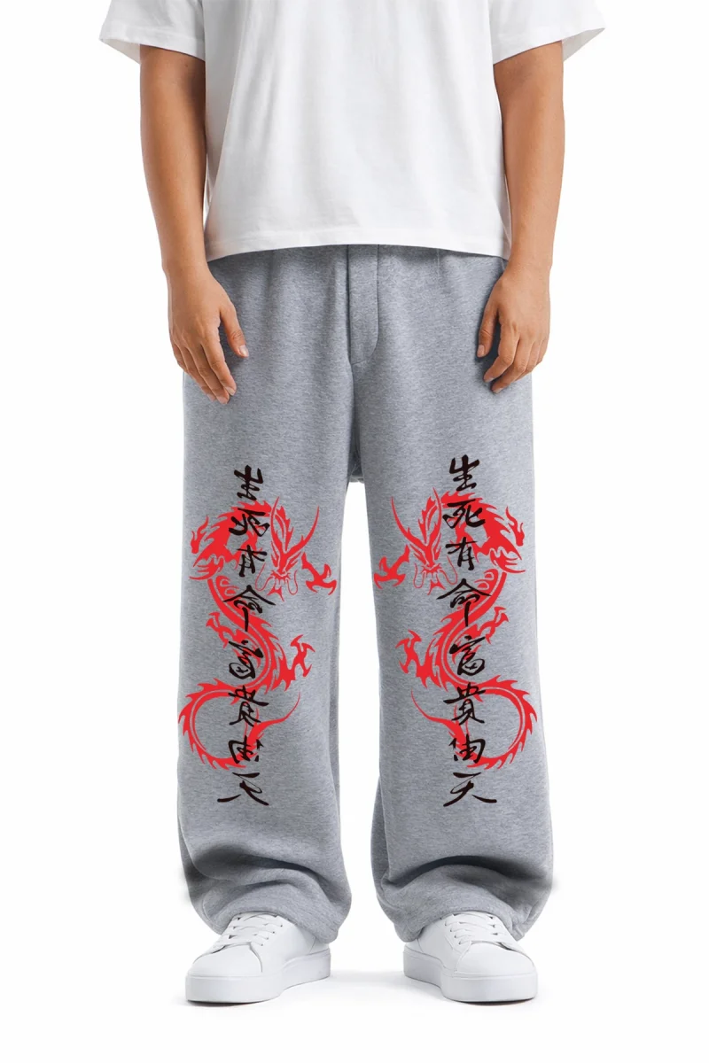 Premium Dragon Wide Leg Erkek Gri Eşofman Altı