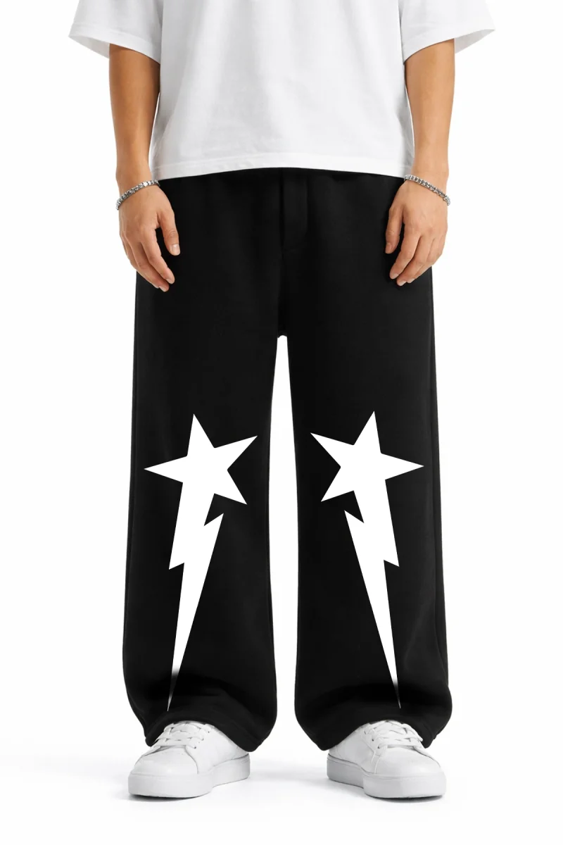 Premium Falling Star Wide Leg Erkek Siyah Eşofman Altı