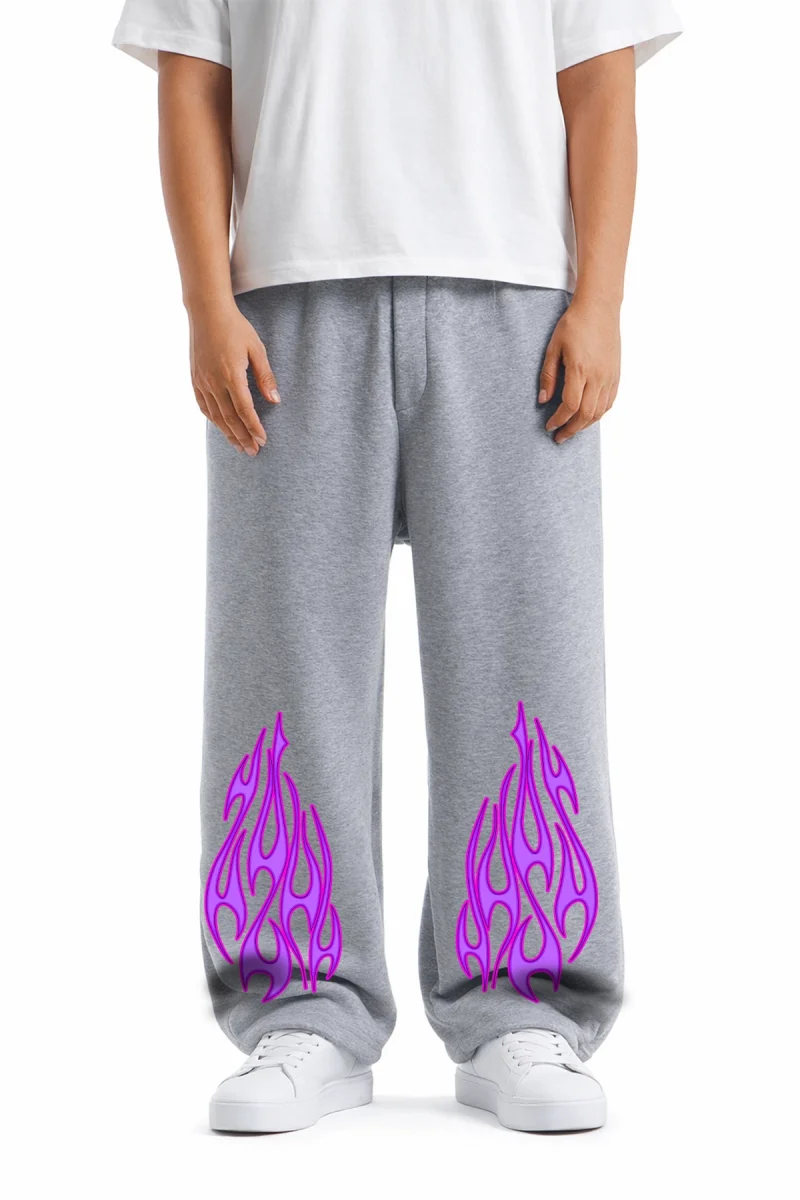 Premium Purple Flame Wide Leg Erkek Gri Eşofman Altı