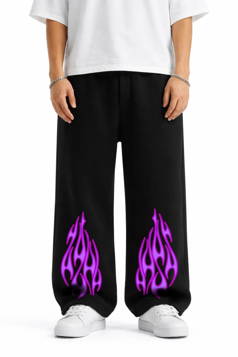 Premium Purple Flame Wide Leg Erkek Siyah Eşofman Altı