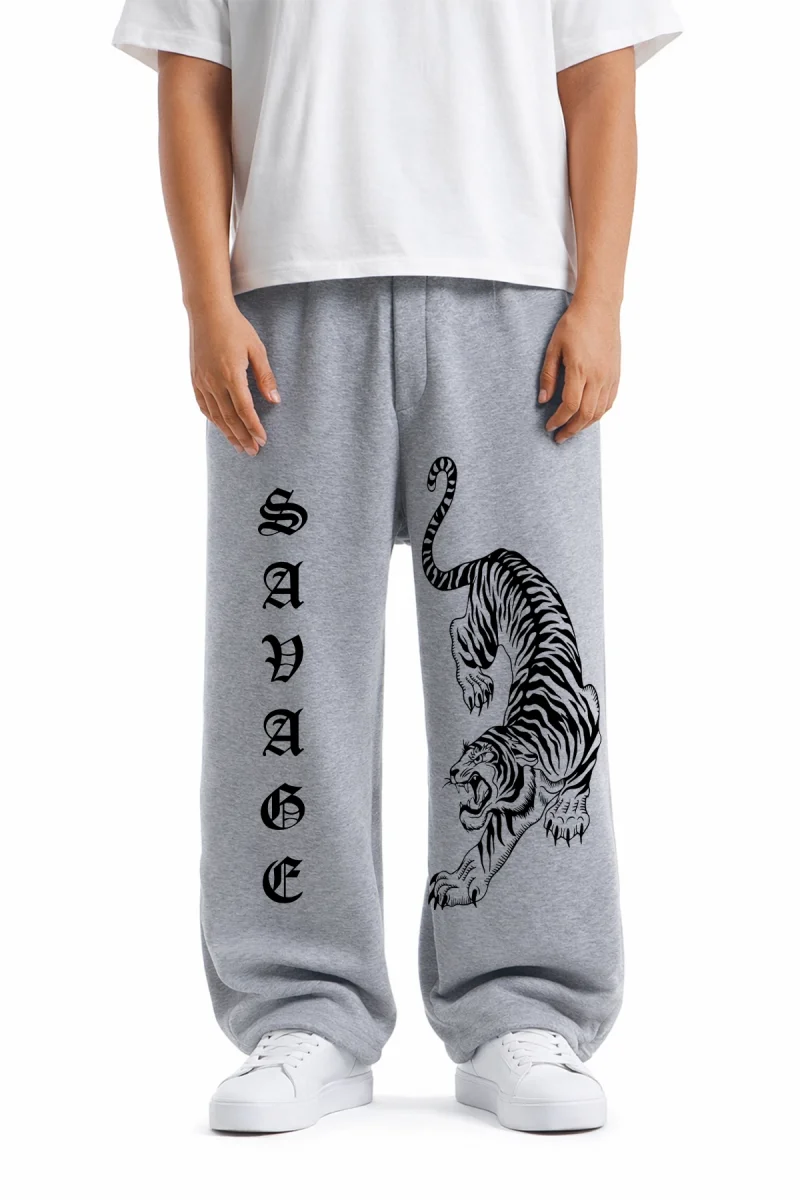Premium Savage Tiger Wide Leg Erkek Gri Eşofman Altı