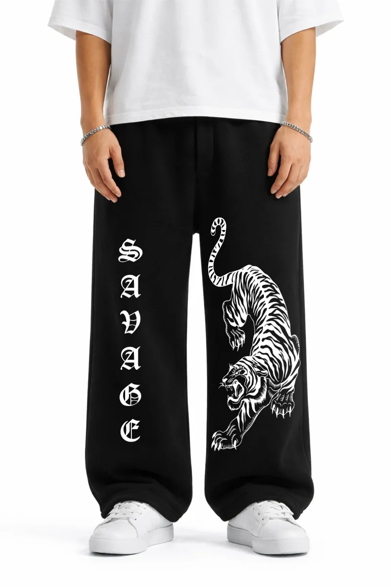 Premium Savage Tiger Wide Leg Erkek Siyah Eşofman Altı