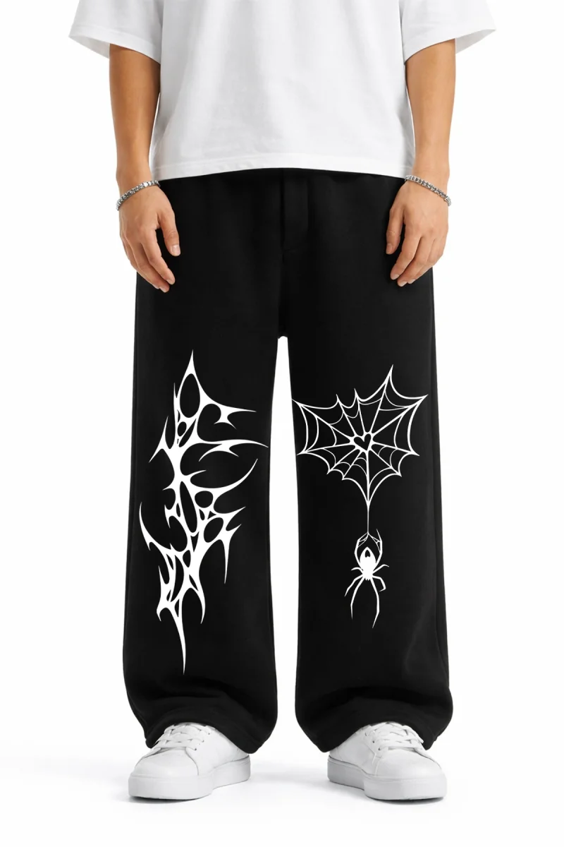 Premium Spider Web Wide Leg Erkek Siyah Eşofman Altı
