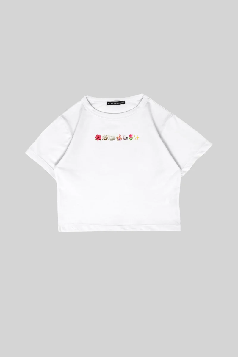 Pretty Emoji Baskılı Beyaz Crop Top