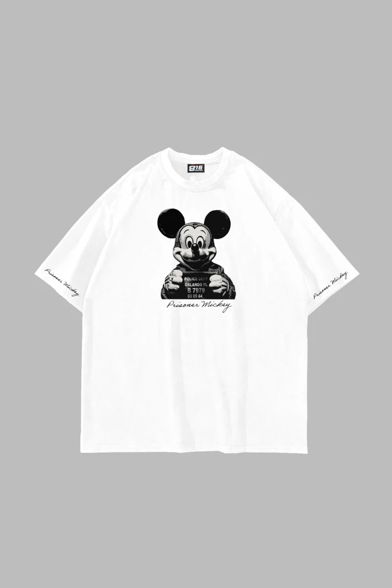 Prisoner Mickey Baskılı Oversize Unisex Beyaz Tshirt