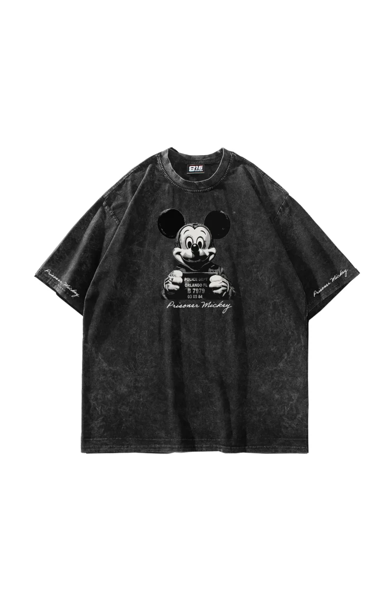 Prisoner Mickey Baskılı Oversize Unisex Yıkamalı Siyah Tshirt