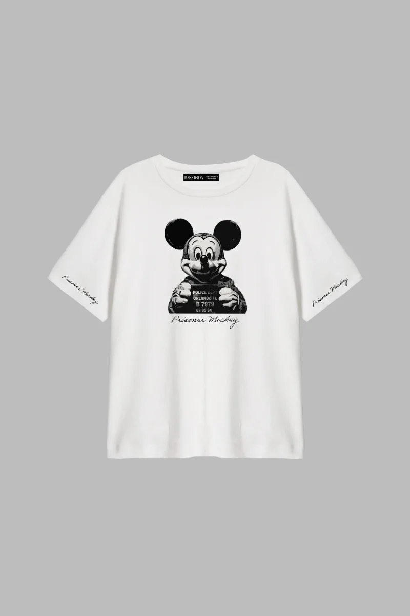 Prisoner Mickey Baskılı Relaxed Fit Beyaz Kadın Tshirt