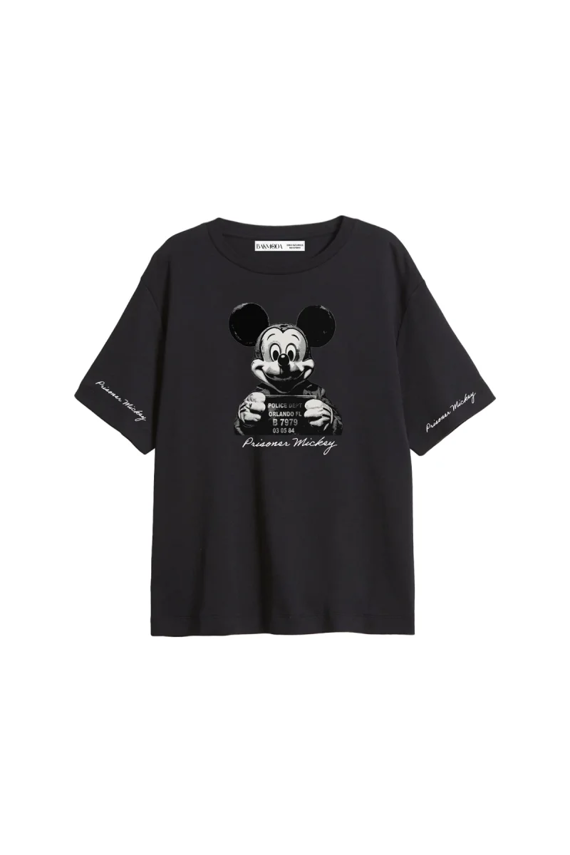 Prisoner Mickey Baskılı Relaxed Fit Siyah Kadın Tshirt