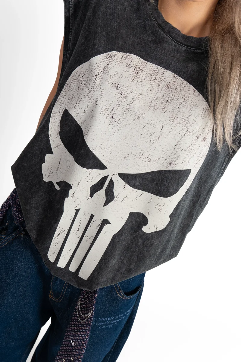 Punisher Graphic Baskılı Yıkamalı Siyah Sıfır Kol Tshirt