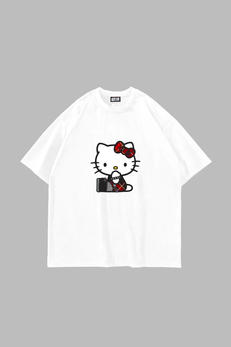 Punk H. Kitty Baskılı Oversize Unisex Beyaz Tshirt