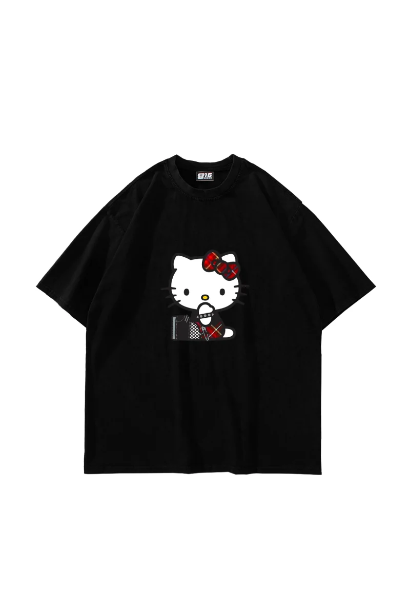 Punk H. Kitty Baskılı Oversize Unisex Siyah Tshirt