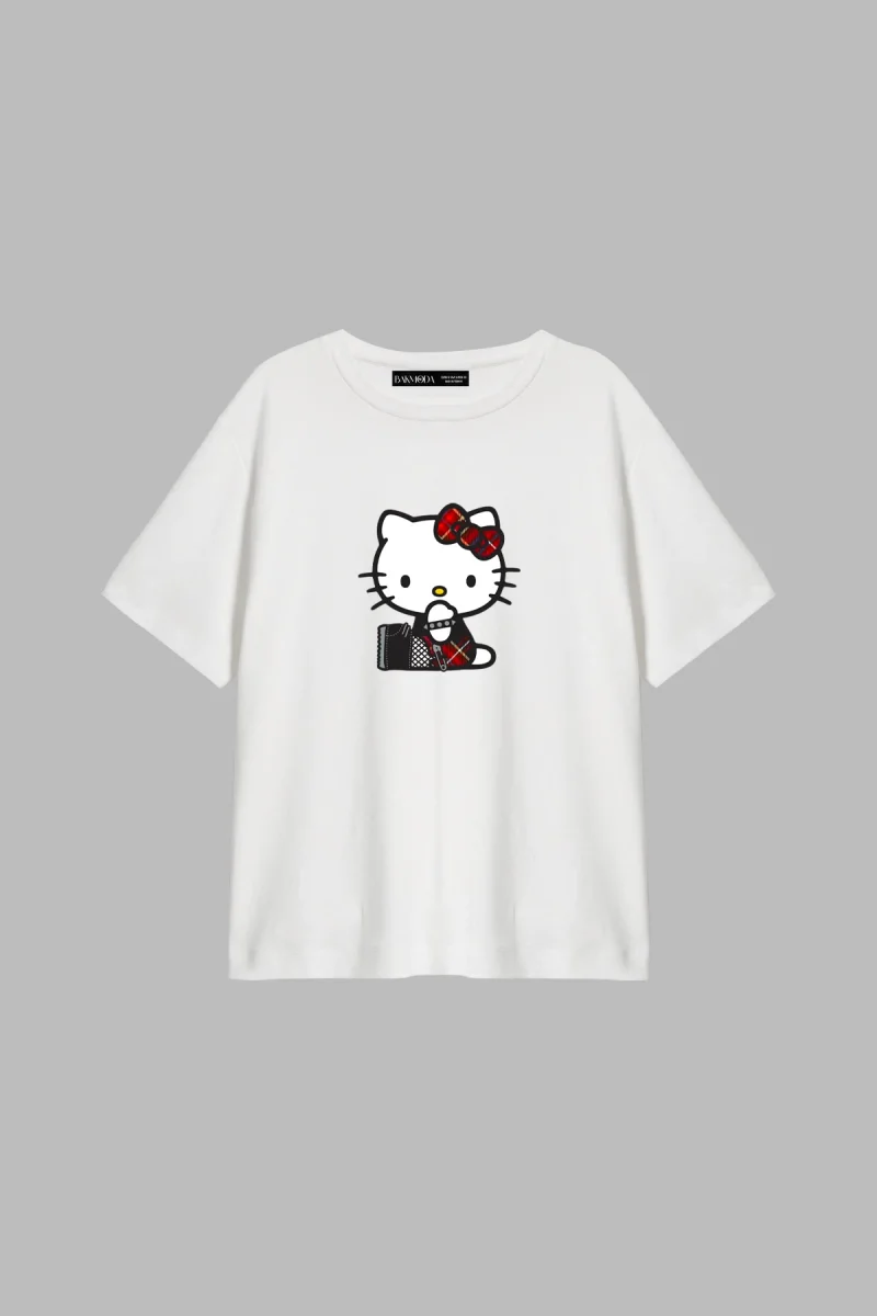 Punk H. Kitty Baskılı Relaxed Fit Beyaz Kadın Tshirt