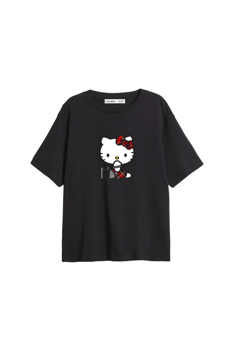 Punk H. Kitty Baskılı Relaxed Fit Siyah Kadın Tshirt