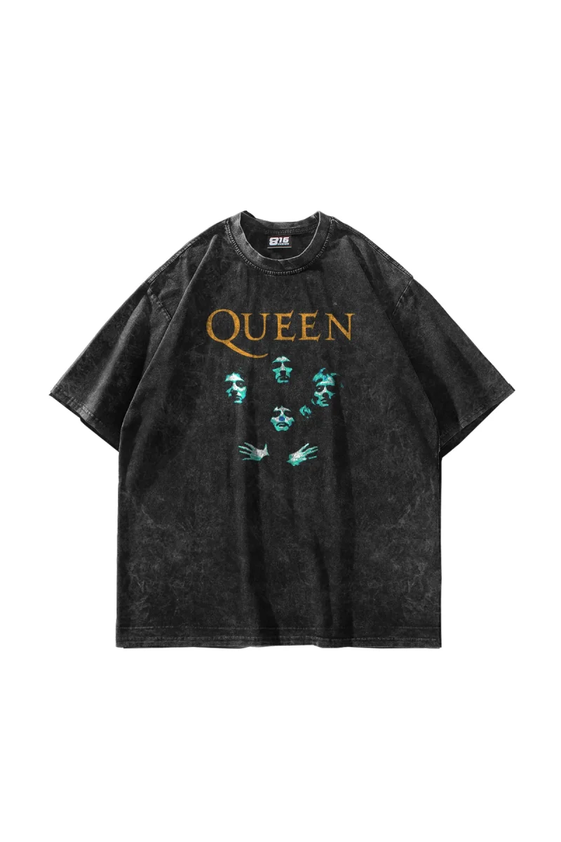 Queen Crest Logo Yıkamalı Siyah Oversize Tişört