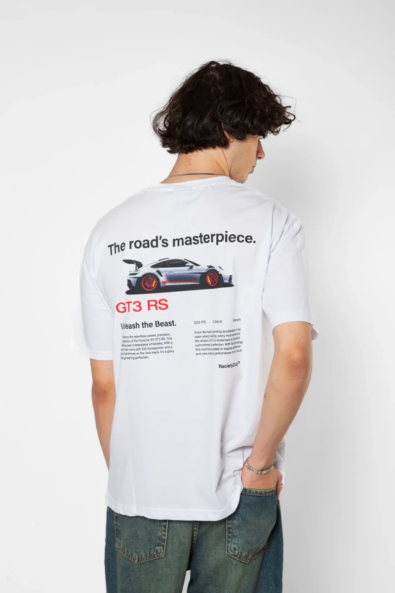 Racing 911 Car Baskılı Oversize Unisex Beyaz Tshirt