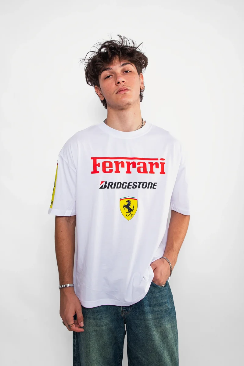 Racing F. Baskılı Oversize Unisex Beyaz Tshirt