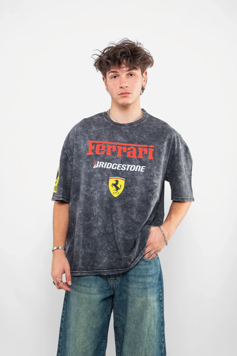 Racing F. Baskılı Oversize Unisex Yıkamalı Siyah Tshirt