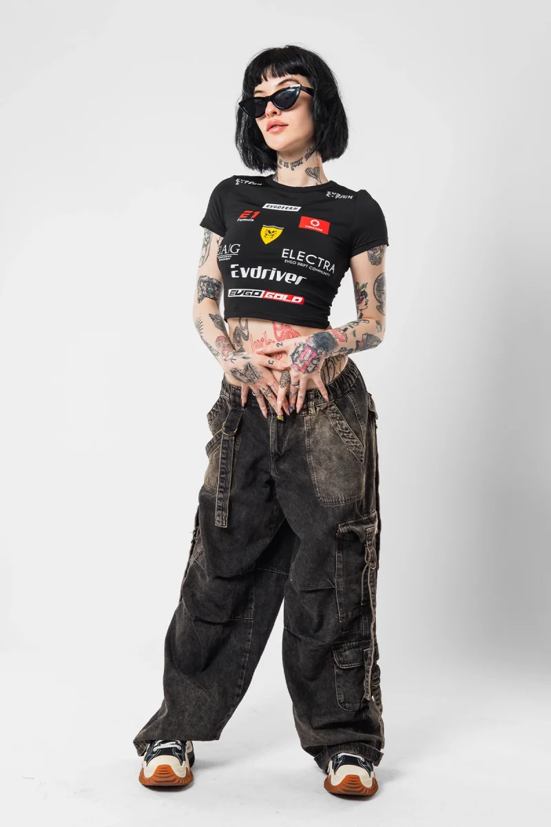 Racing Logo Baskılı Kısa Kollu Siyah Crop Top