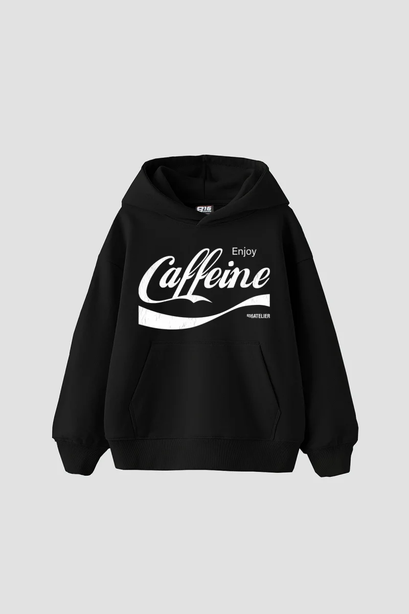 Caffeine Baskılı Oversize Unisex Siyah Hoodie