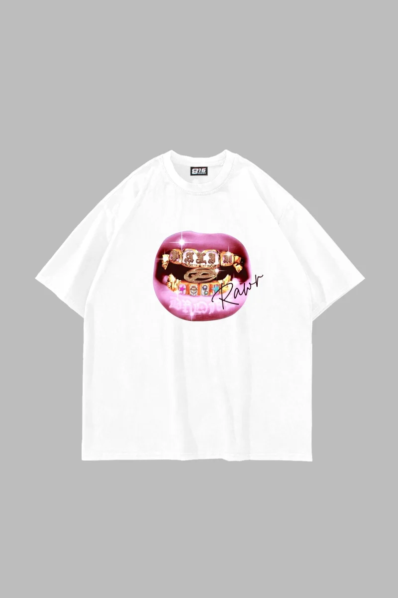 Rawr Teeth Baskılı Oversize Unisex Beyaz Tshirt