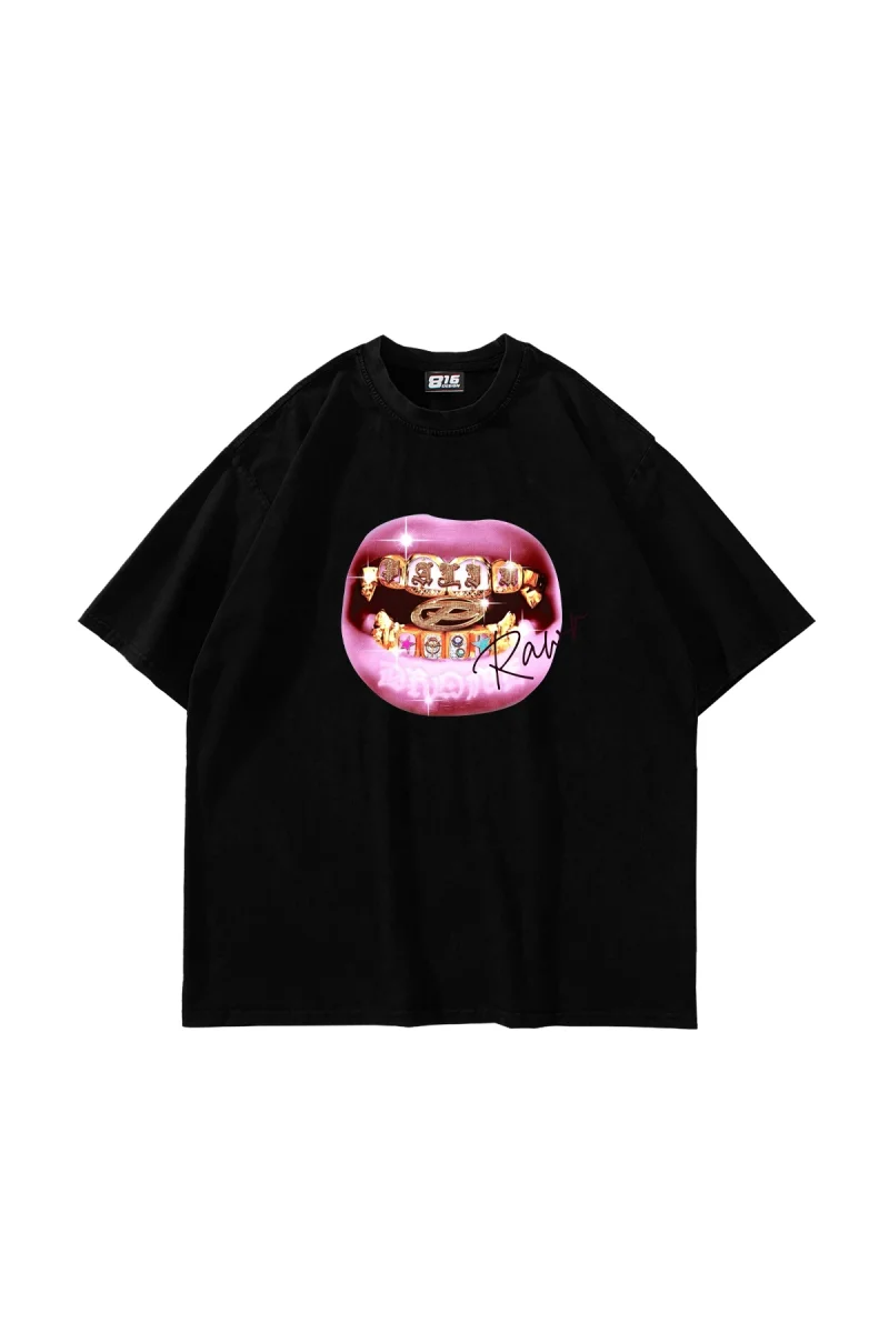 Rawr Teeth Baskılı Oversize Unisex Siyah Tshirt
