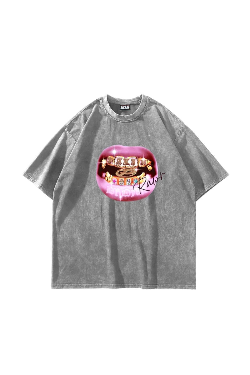 Rawr Teeth Baskılı Oversize Unisex Yıkamalı Beyaz Tshirt