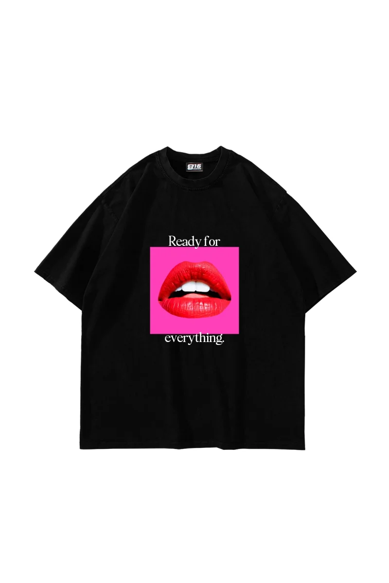Ready For Everything Baskılı Oversize Unisex Siyah Tshirt