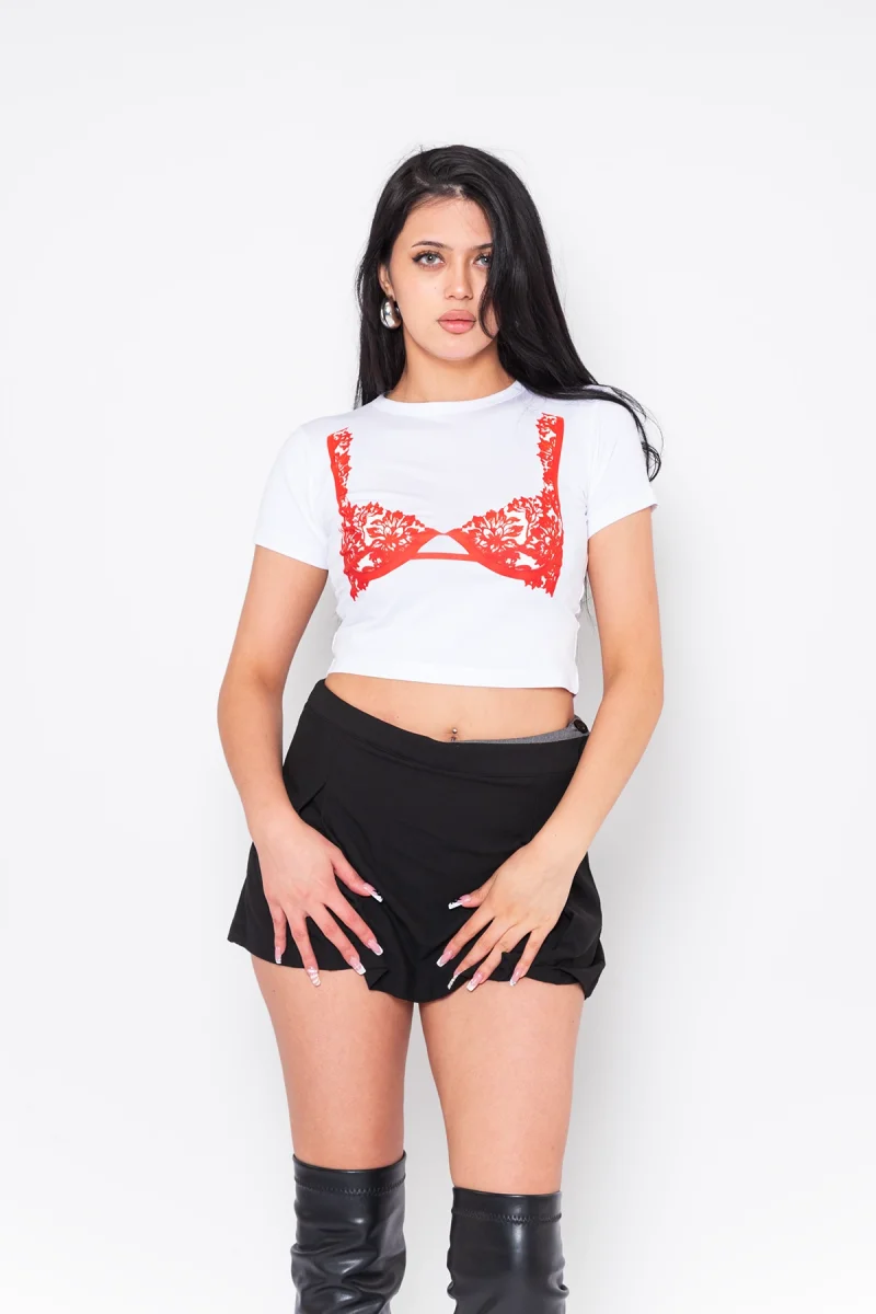Red Bra Baskılı Beyaz Crop Top