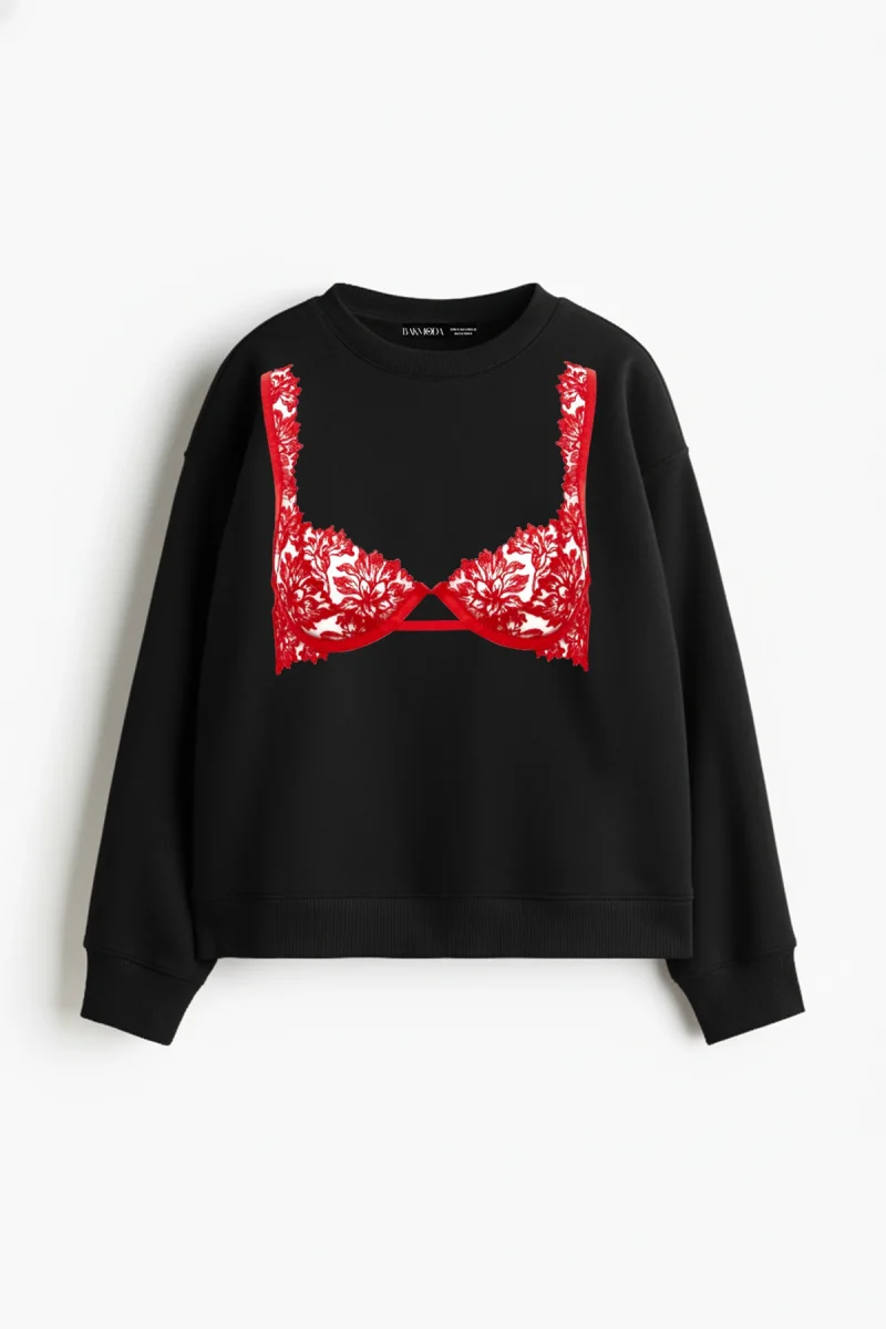 Red Bra Baskılı Kapüşonsuz Relaxed Fit Kadın Siyah Sweatshirt