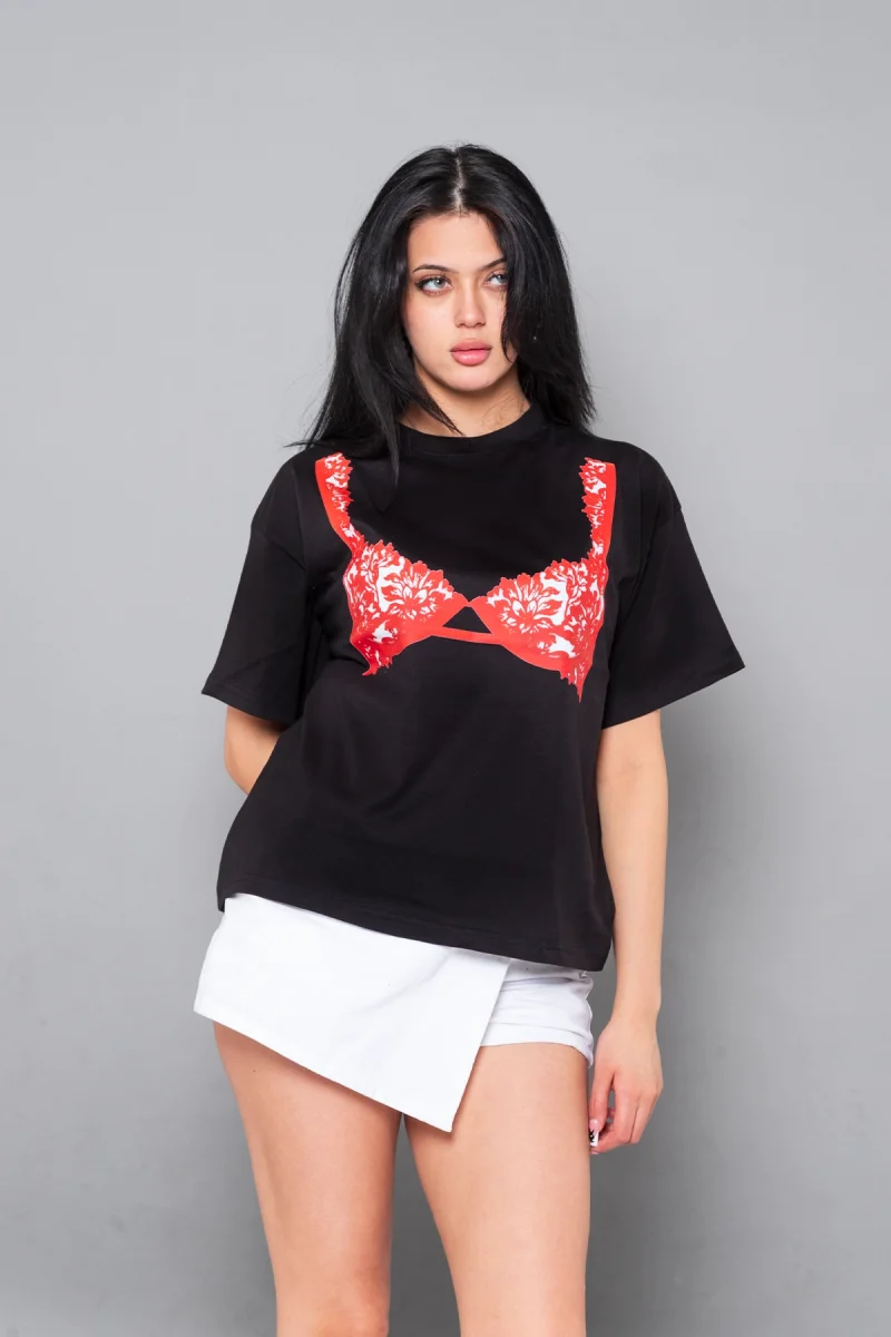 Red Bra Baskılı Relaxed Fit Siyah Kadın Tshirt