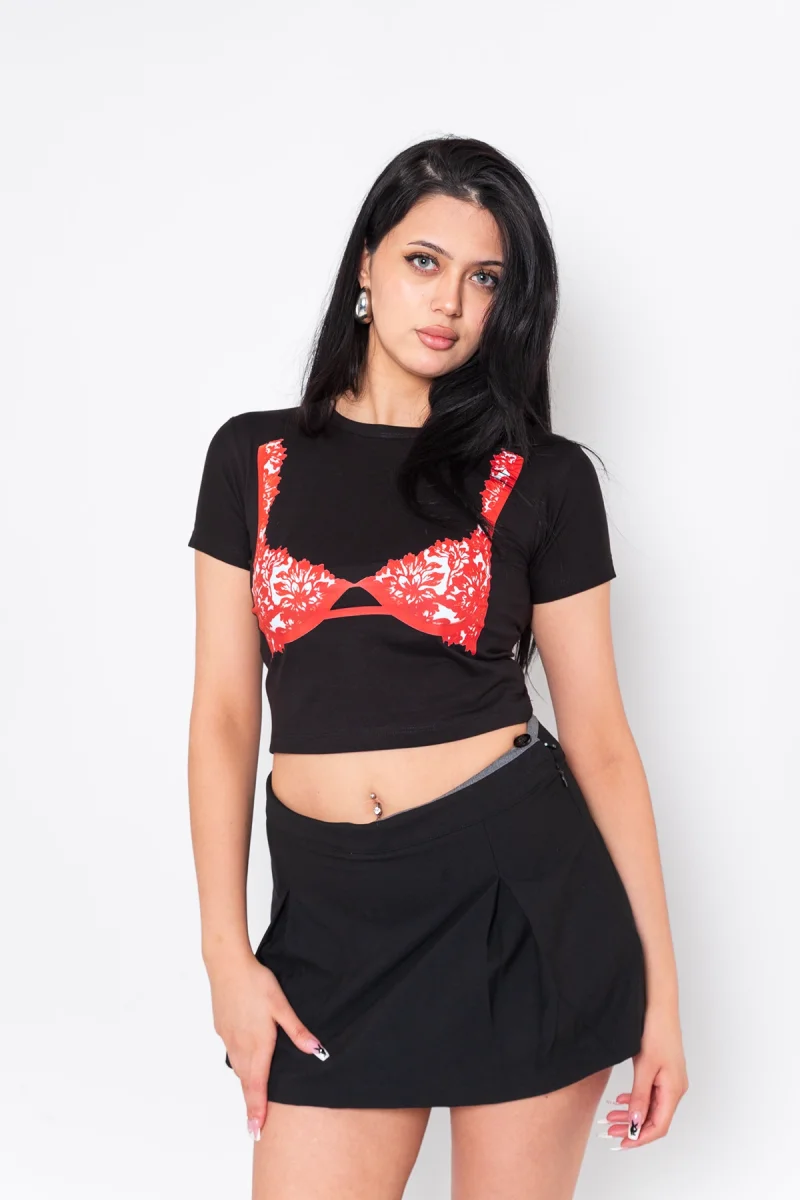 Red Bra Baskılı Siyah Crop Top