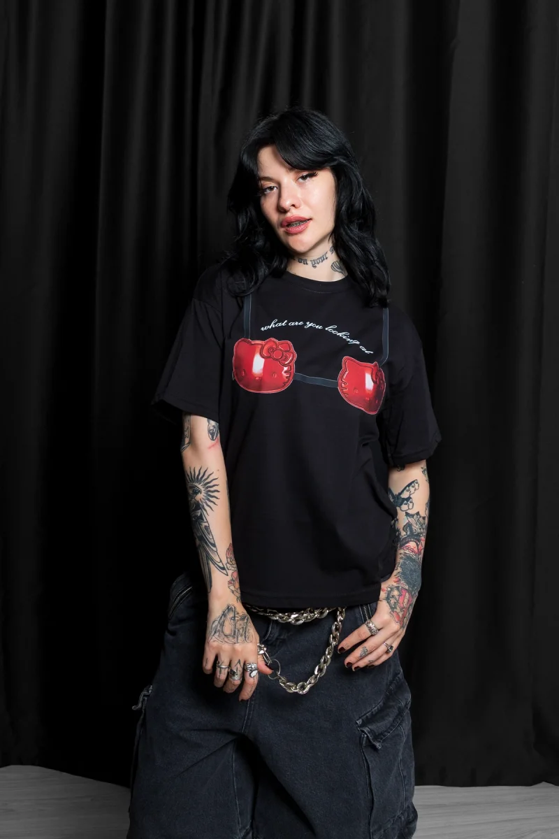 Red Kitty Baskılı Relaxed Fit Siyah Kadın Tshirt