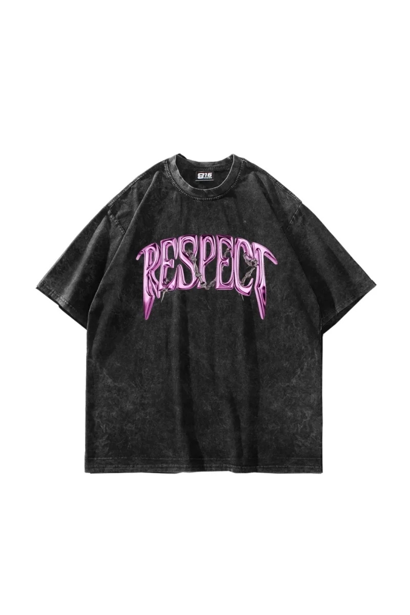 Respect Baskılı Oversize Unisex Yıkamalı Siyah Tshirt