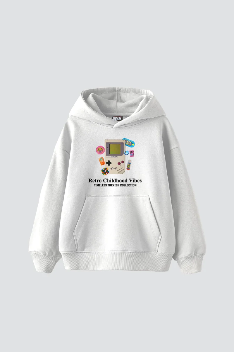 Retro Childhood Vibes Baskılı Oversize Unisex Beyaz Hoodie