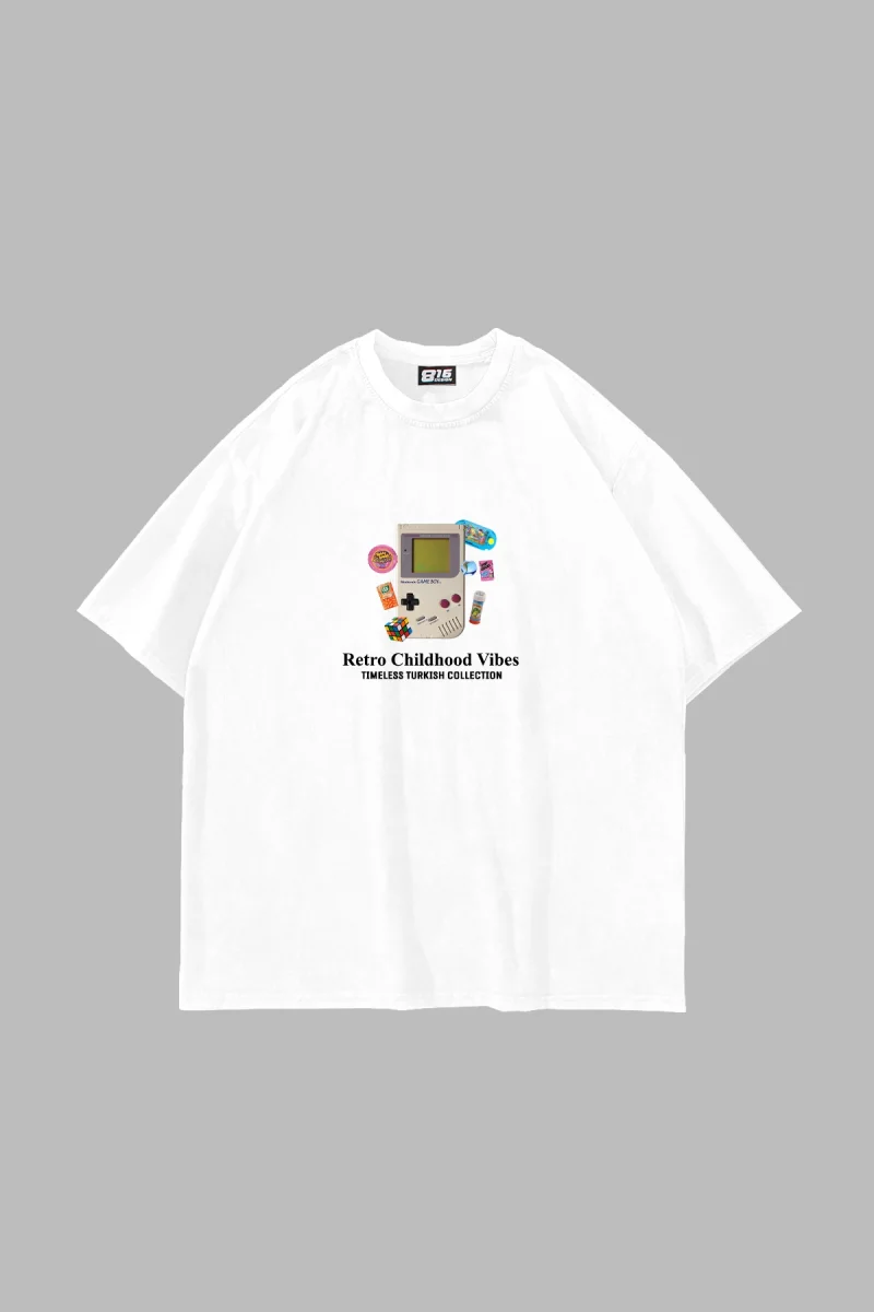Retro Childhood Vibes Baskılı Oversize Unisex Beyaz Tshirt