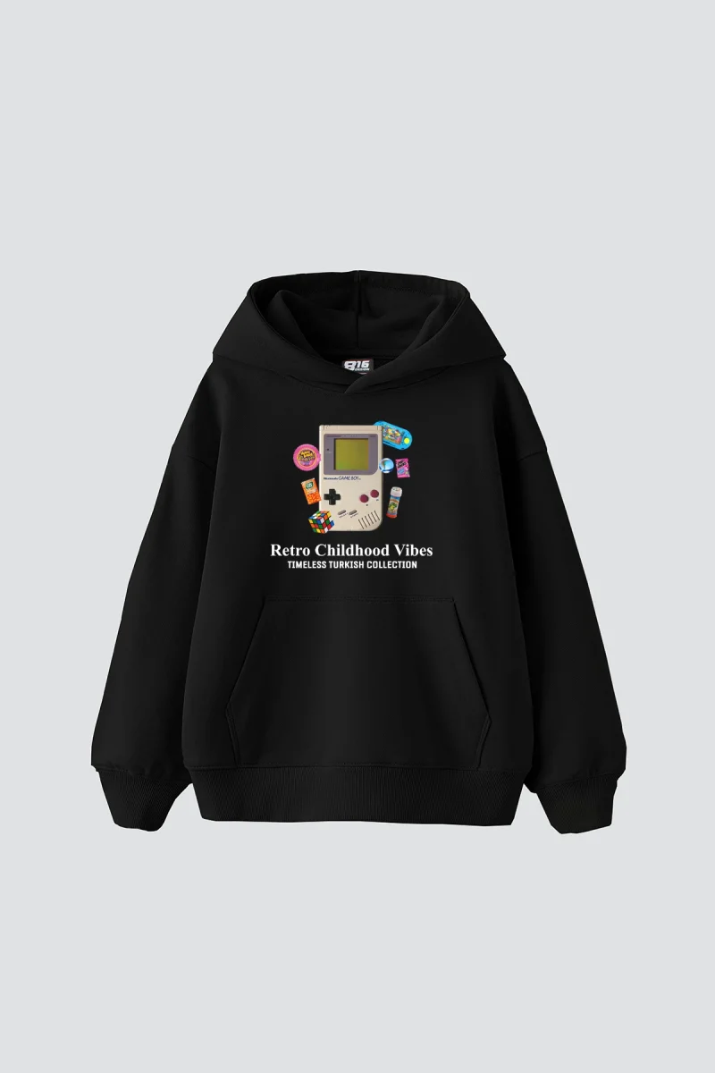 Retro Childhood Vibes Baskılı Oversize Unisex Siyah Hoodie