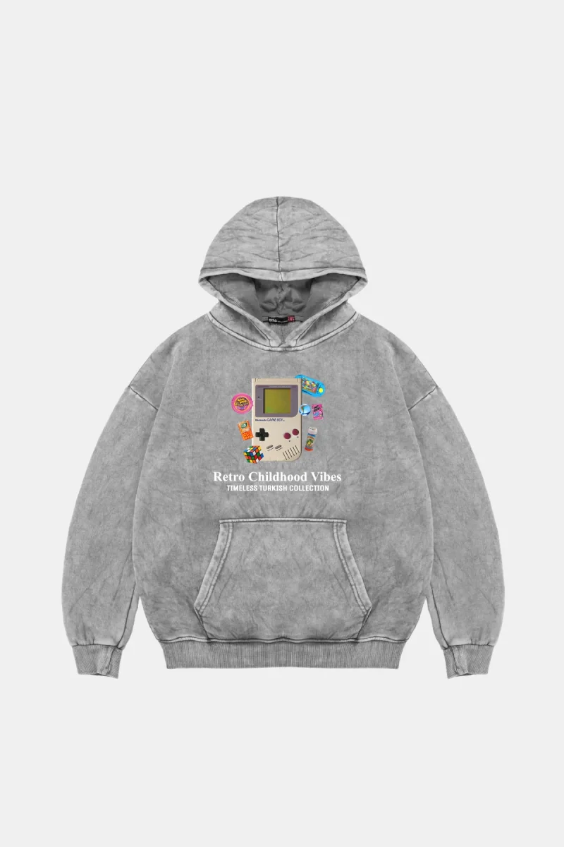 Retro Childhood Vibes Oversize Unisex Yıkamalı Beyaz Hoodie