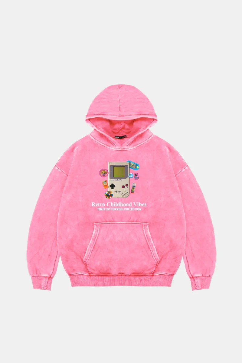 Retro Childhood Vibes Oversize Unisex Yıkamalı Pembe Hoodie