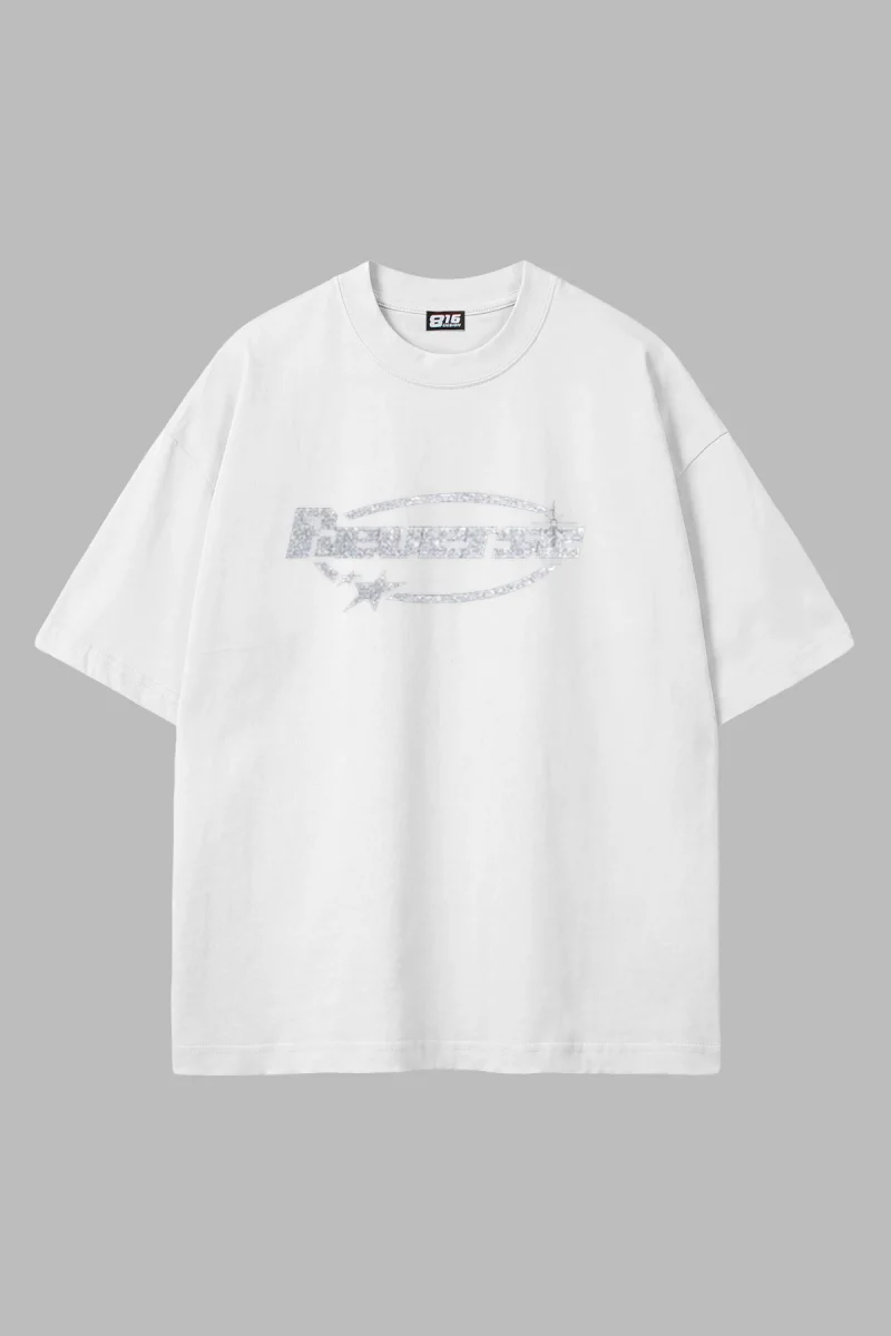 Reverse Taş Baskılı Oversize Unisex Beyaz Tshirt