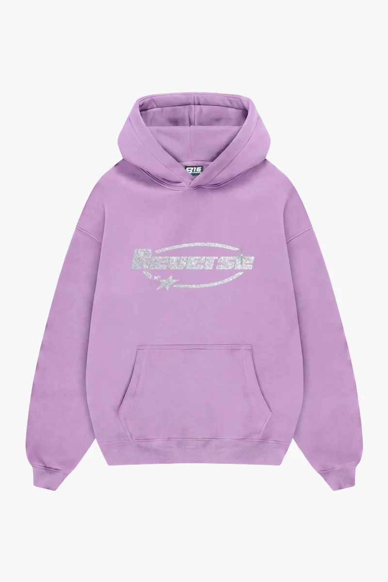 Reverse Taş Baskılı Oversize Unisex Mor Hoodie