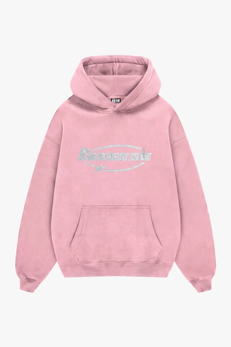 Reverse Taş Baskılı Oversize Unisex Pembe Hoodie