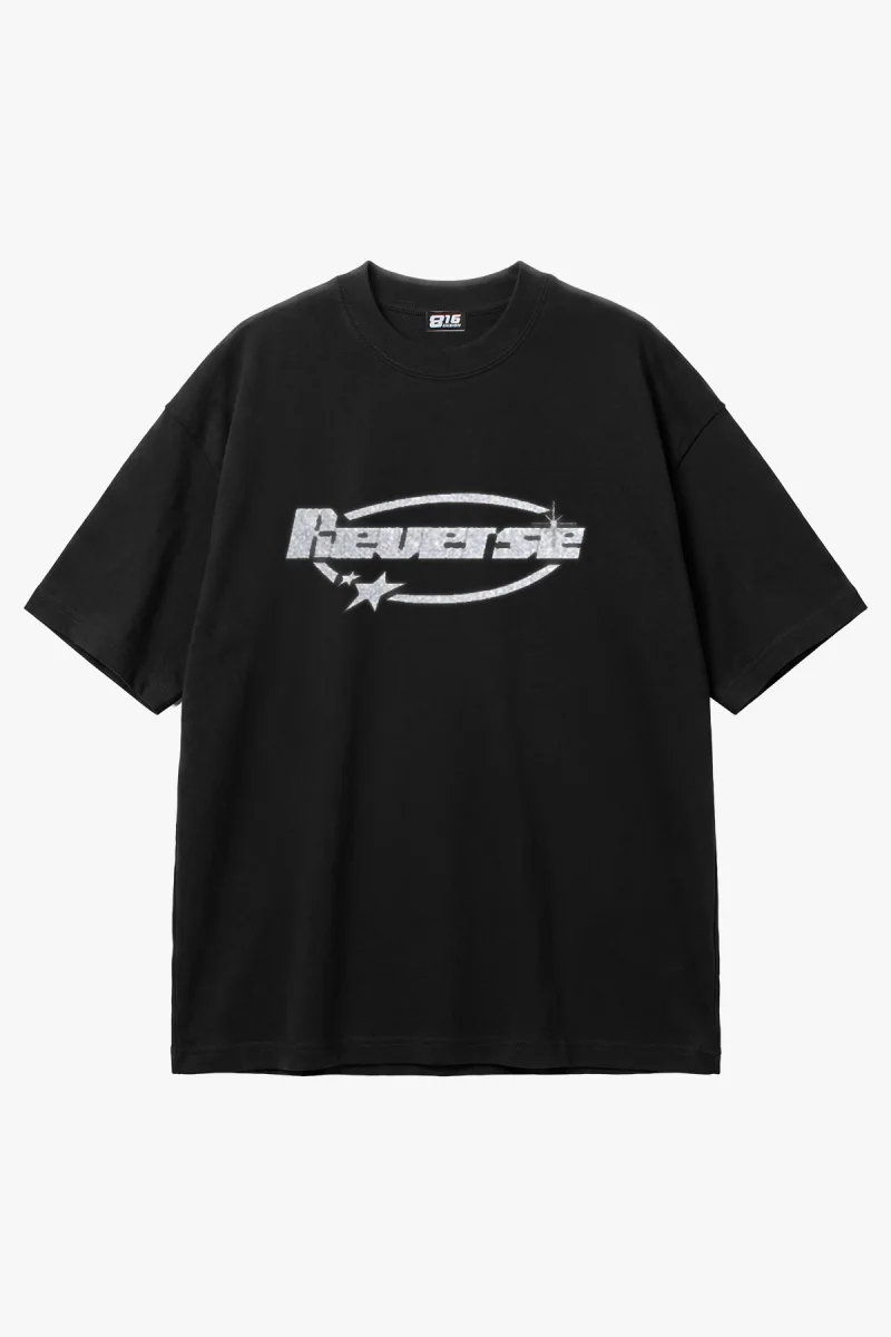 Reverse Taş Baskılı Oversize Unisex Siyah Tshirt